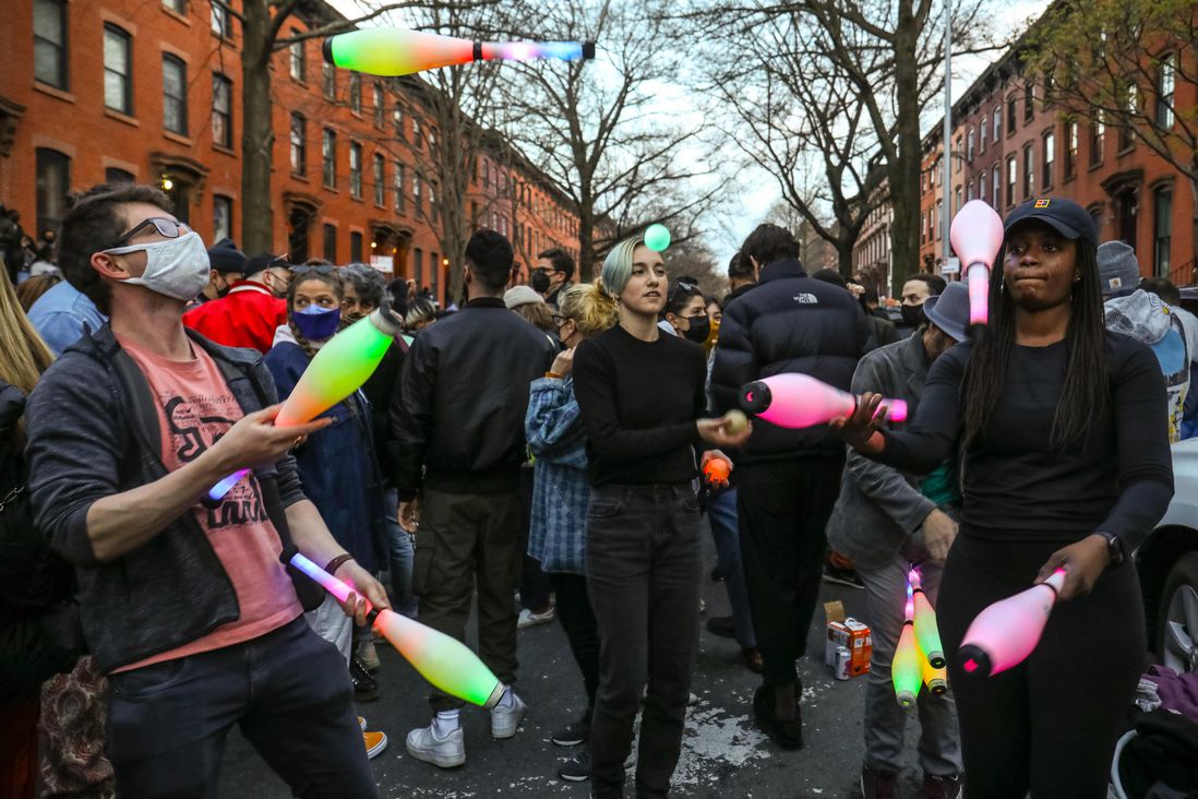 Photos of people partying at St. James Place block party anniversary on April 3rd, 2021